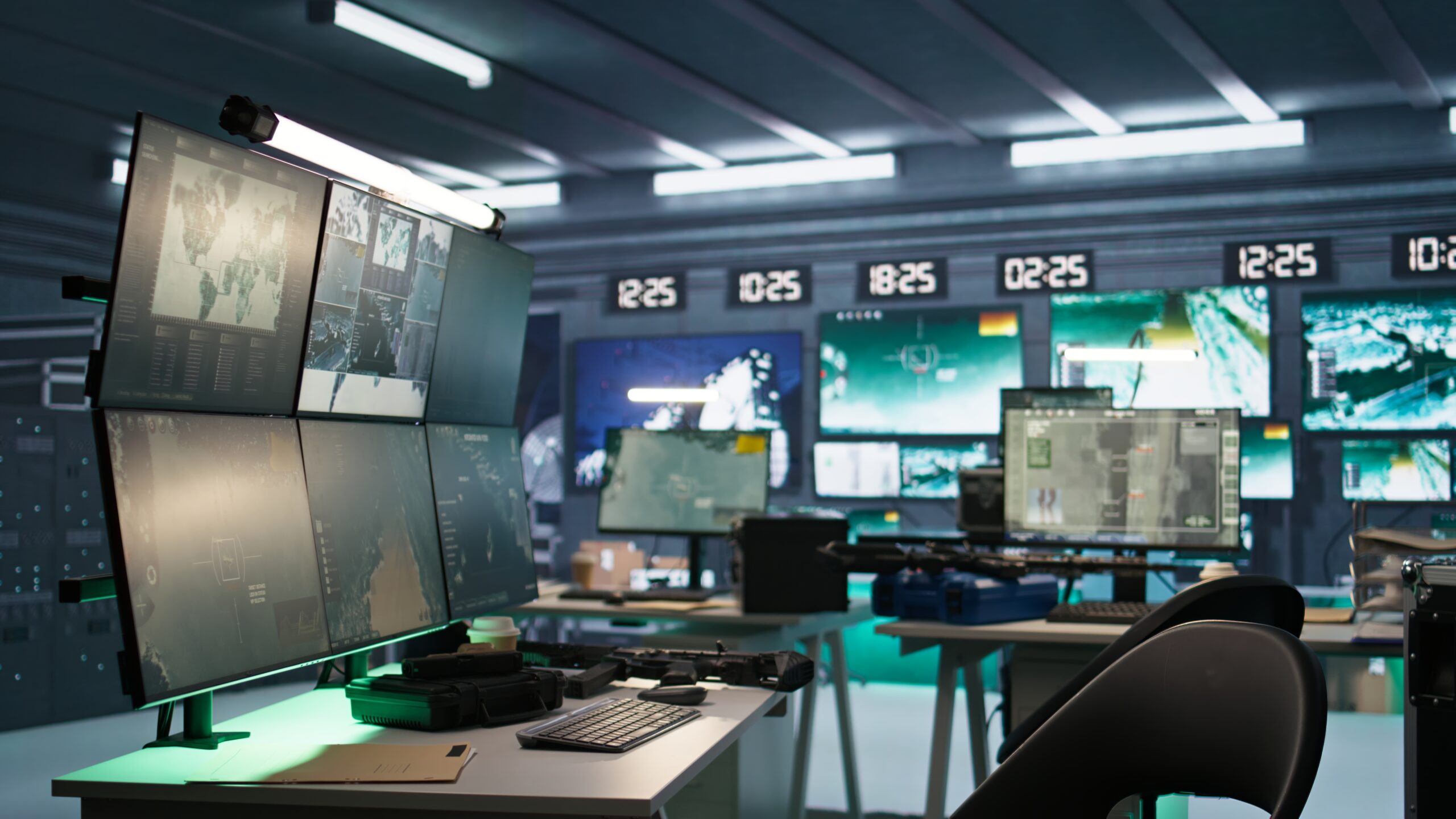 A room filled with multiple computer monitors and workstations, showcasing a tech-focused environment.